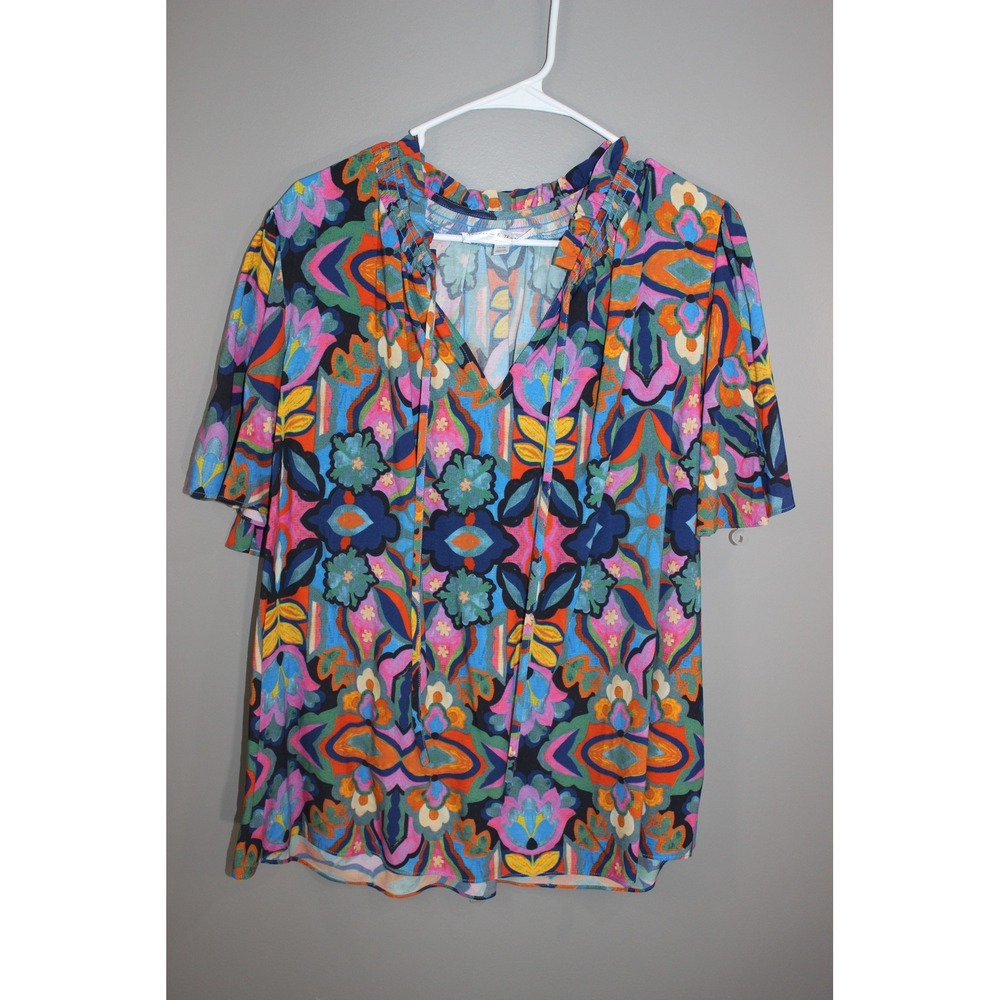 Chelsea & Theodore Blouse Woman 1X Multi Color Great Boho Smocked V-Neck Rayon